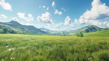 Fototapeta premium A panoramic view of a grassy meadow with detailed hills in the background and a bright blue sky.