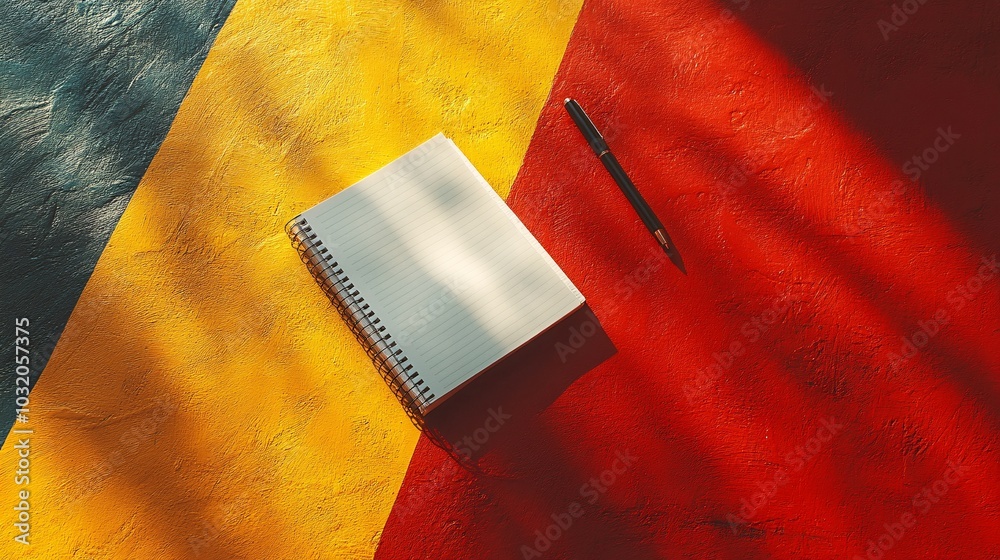 Poster open textbook with blank notebook and ballpoint pens positioned diagonally on a vibrant surface stoc