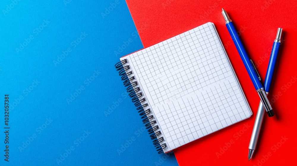 Poster Open textbook with blank notebook and ballpoint pens positioned diagonally on a vibrant surface Stock Photo with side copy space
