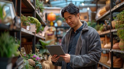 Man in supply management with invoices walking through the store checking stock.