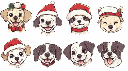 Fototapeta premium Vector set of cute and smiling dog doodles. Dog faces with flat colors, bows, christmas hats, scarfs, dalmatian, pug, poodle, and beagle on white background. Sticker, comic, and print design.