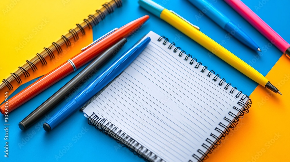 Poster open textbook with blank notebook and ballpoint pens positioned diagonally on a vibrant surface stoc