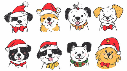 Obraz premium Vector set of cute and smiling dog doodles. Dog faces with flat colors, bows, christmas hats, scarfs, dalmatian, pug, poodle, and beagle on white background. Sticker, comic, and print design.