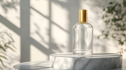A clear glass bottle with a gold cap on a marble pedestal, illuminated by soft shadows.