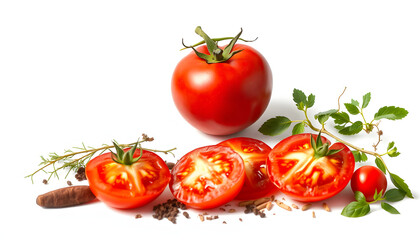 fresh tomato, herbs and spices isolated with white highlights, png
