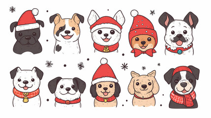 Obraz premium Vector set of cute and smiling dog doodles. Dog faces with flat colors, bows, christmas hats, scarfs, dalmatian, pug, poodle, and beagle on white background. Sticker, comic, and print design.