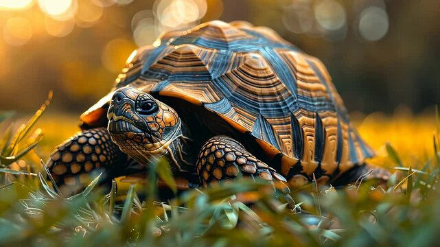 Closeup of a tortoise on grass during golden hour, nature photography concept.