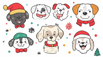 Obraz premium Vector set of cute and smiling dog doodles. Dog faces with flat colors, bows, christmas hats, scarfs, dalmatian, pug, poodle, and beagle on white background. Sticker, comic, and print design.