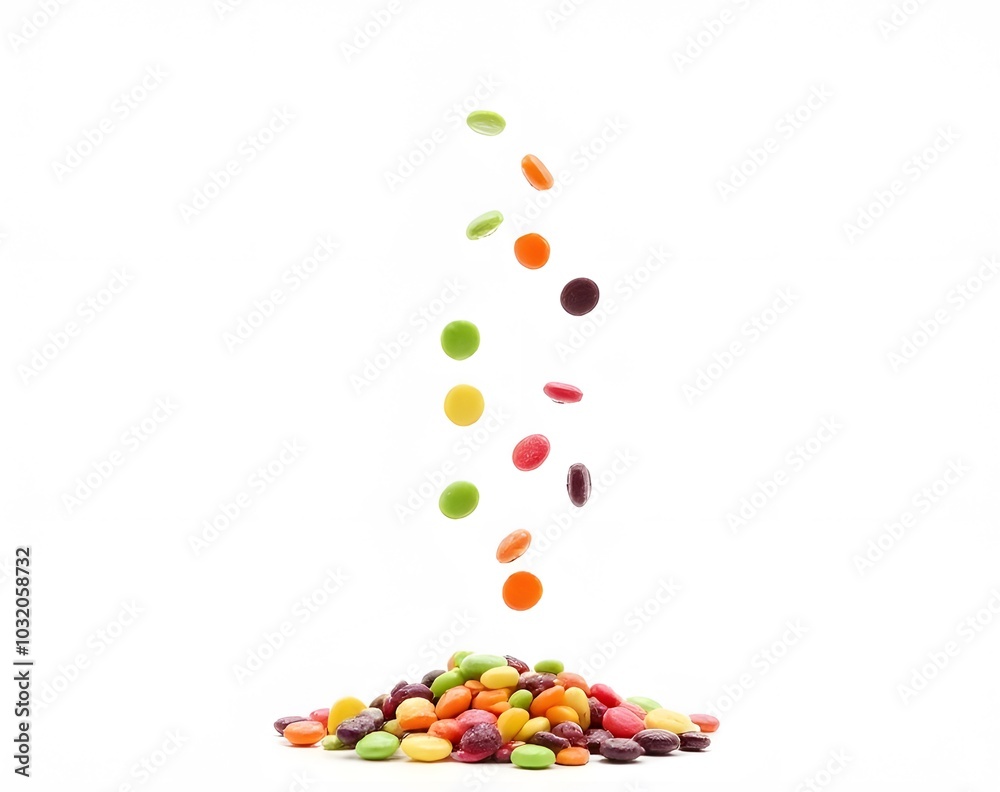 Poster colorful candies falling, isolated on a clear background in white or transparent png image format.