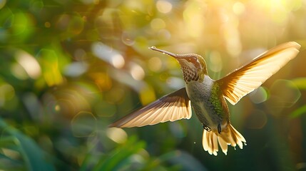 Fototapeta premium Hummingbird in mid-flight, it's wings frozen in a blur of motion.