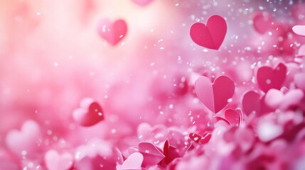 Playful overlay of pink paper hearts and confetti. Festive heart confetti.