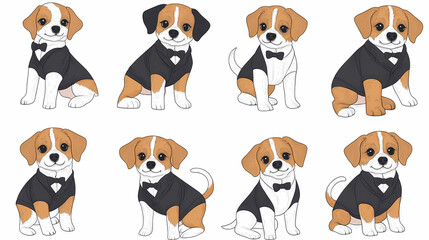 Vector set of cute and smiling dog doodles. Dog faces with flat colors, bows, christmas hats, scarfs, dalmatian, pug, poodle, and beagle on white background. Sticker, comic, and print design.