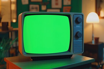 Vintage TV with green screen. Mock up. Chroma key display. Generative Ai