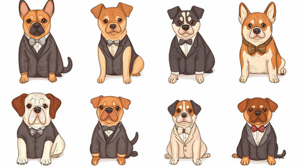 Vector set of cute and smiling dog doodles. Dog faces with flat colors, bows, christmas hats, scarfs, dalmatian, pug, poodle, and beagle on white background. Sticker, comic, and print design.