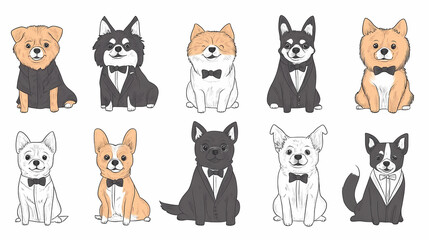 Obraz premium Vector set of cute and smiling dog doodles. Dog faces with flat colors, bows, christmas hats, scarfs, dalmatian, pug, poodle, and beagle on white background. Sticker, comic, and print design.