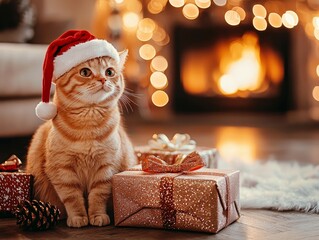 A playful ginger cat wearing a Santa hat enjoys the festive atmosphere by the fireplace surrounded by Christmas gifts during the holiday season