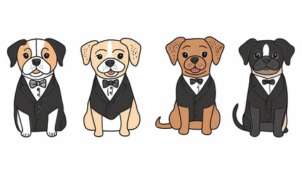 Fototapeta premium Vector set of cute and smiling dog doodles. Dog faces with flat colors, bows, christmas hats, scarfs, dalmatian, pug, poodle, and beagle on white background. Sticker, comic, and print design.