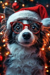 A festive dog with glasses and a Santa hat poses in front of a beautifully decorated Christmas tree during the holiday season
