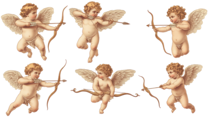 Vintage Cherub Illustrations With Bows on Transparent Background Generative AI