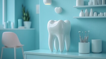 Realistic dental model paired with essential dental equipment on a light blue background promoting dental hygiene Crisp and modern layout with space for informative text or branding