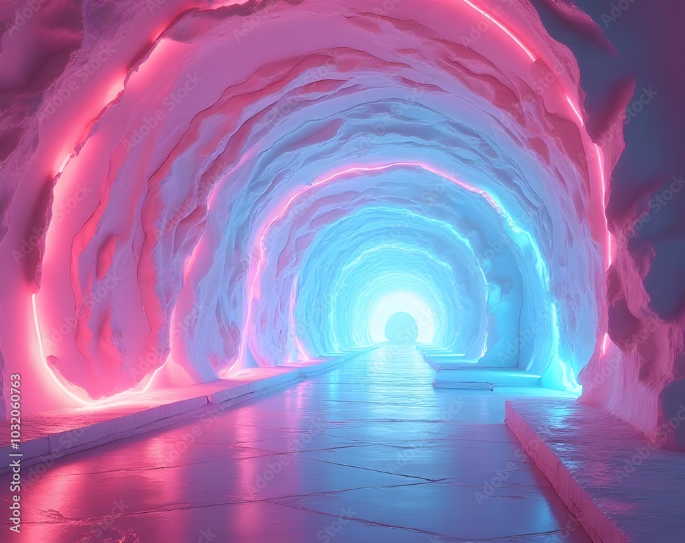 Poster futuristic tunnel has a unique abstract design with prominent pink and blue colors.