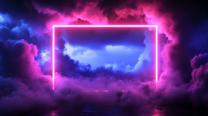 A glowing neon pink square in a dark, smoky background with pink and blue clouds.
