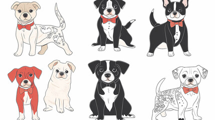 Vector set of cute and smiling dog doodles. Dog faces with flat colors, bows, christmas hats, scarfs, dalmatian, pug, poodle, and beagle on white background. Sticker, comic, and print design.