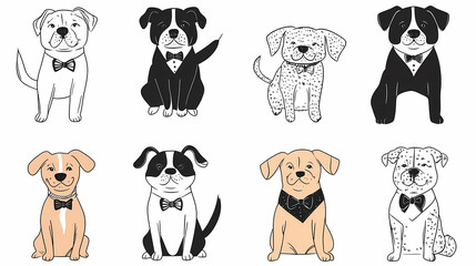 Fototapeta premium Vector set of cute and smiling dog doodles. Dog faces with flat colors, bows, christmas hats, scarfs, dalmatian, pug, poodle, and beagle on white background. Sticker, comic, and print design.