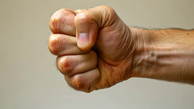 Clenched fist with detailed veins on neutral background. Strength and determination concept.