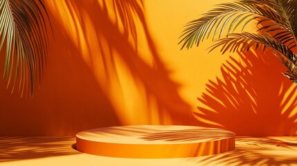 Obraz premium A circular podium sits in front of an orange wall with palm leaves and shadows.