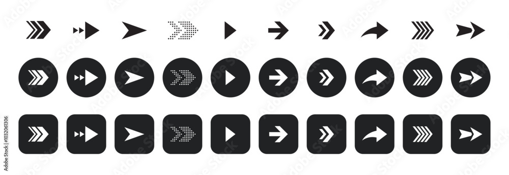 Wall mural web arrow cursor button icon set. flat round square style arrows collection for user interface desig