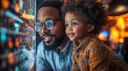 Obraz premium A father and son look at the illuminated display of a city window with wonder and curiosity.