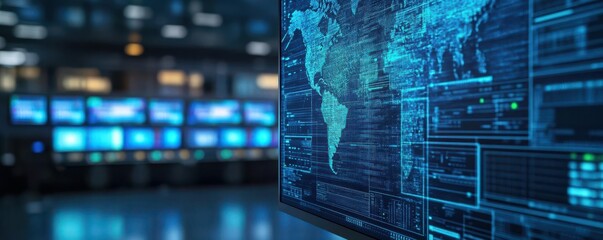 Obraz premium Cybersecurity threat map displayed on a large digital screen in a control room