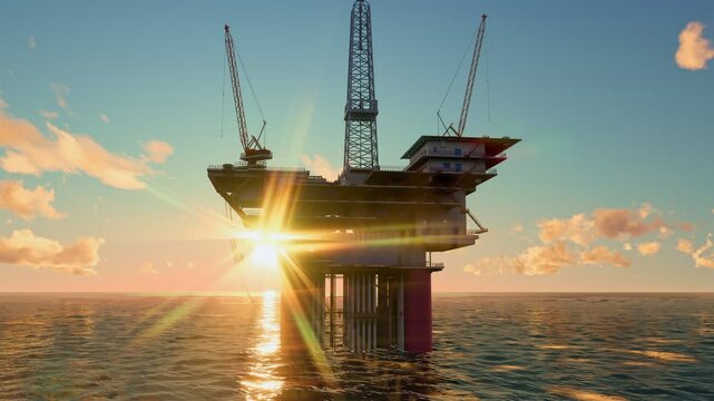 Offshore oil rig drilling platform at sunset. An offshore oil rig silhouetted against a vibrant sunset over the ocean, showcasing the industrial scene and natural beauty.