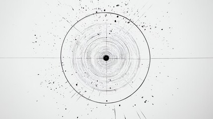 A black and white image of a circle with concentric circles radiating out, surrounded by black splatter marks on a white background.