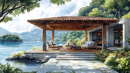 A modern, wooden house with a large patio overlooking a calm lake and lush green mountains in the distance.  The patio is furnished with comfortable seating and a coffee table,