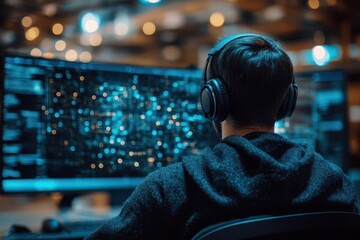 IT professional wearing headphones, monitoring network traffic for cybersecurity risks