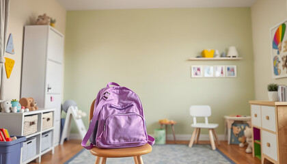 Lilac backpack on chair in children's room isolated with white highlights, png
