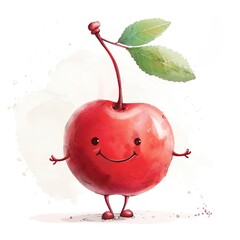 happy cherry drawn on white background