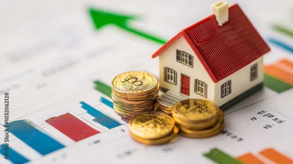 Poster a small toy house sits on a piece of paper with an upward trending graph. a stack of gold coins and 