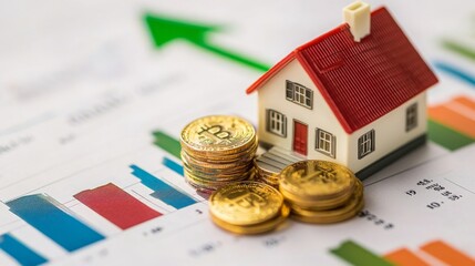 A small toy house sits on a piece of paper with an upward trending graph. A stack of gold coins and other gold coins are scattered in front of the house.