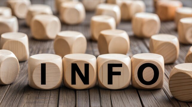  word "INFO" is spelled out with wooden letter blocks on a wooden surface. 