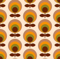 Retro midcentury circle flowers orange brown Raster pattern. Mod flowers mosaic Retro 70s colors, orange yellow, moss green, dark brown, cream, seamless pattern.