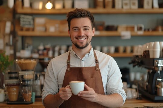 Portrait of man barista waiter holding coffee cup and smiling at camera at cafe. Small business owner in apron stand at counter in coffee shop, Generative AI