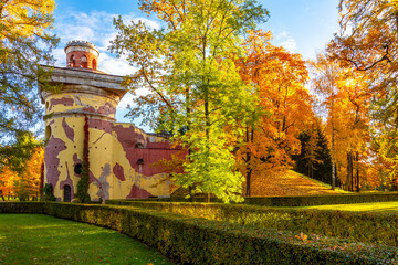 Ruin Tower in Catherine park in autumn, Tsarskoe Selo (Pushkin), St. Petersburg, Russia