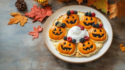 A plate of Halloween pumpkin-shaped pancakes with whipped cream and berries arranged as funny faces, set on a rustic table with plenty of room on the left side for text.