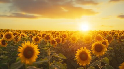 Obraz premium A field of sunflowers at sunset.