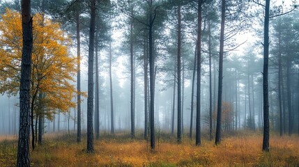 Fototapeta premium A foggy forest with a single yellow tree in the foreground.