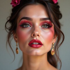 Fototapeta premium Amazing high resolution photos of young extravagant woman with trendy makeup. Fashion
