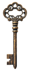 A golden key with a flower design on it. The key is old and has a rustic look to it